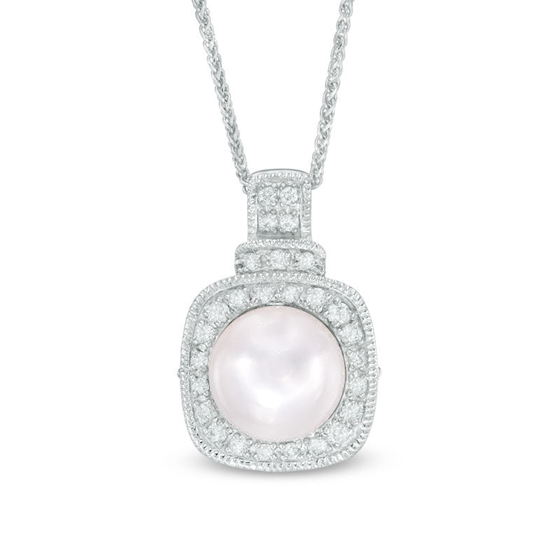 Main Image 1 of Vera Wang Love Collection Akoya Cultured Pearl and 1/8 CT. T.W. Diamond Frame Pendant in 14K White Gold