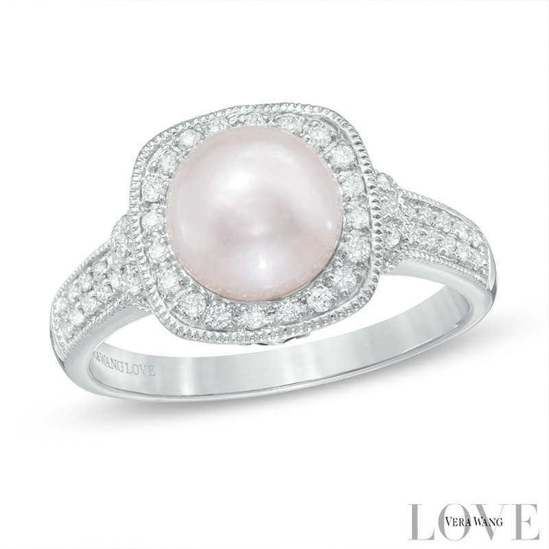 Main Image 1 of Vera Wang Love Collection Akoya Cultured Pearl and 1/5 CT. T.W. Diamond Frame Ring in 14K White Gold-Size 7