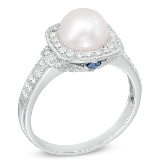 Vera Wang Love Collection Akoya Cultured Pearl and 1/5 CT. T.w. Diamond Frame Ring in 14K White Gold-Size 7