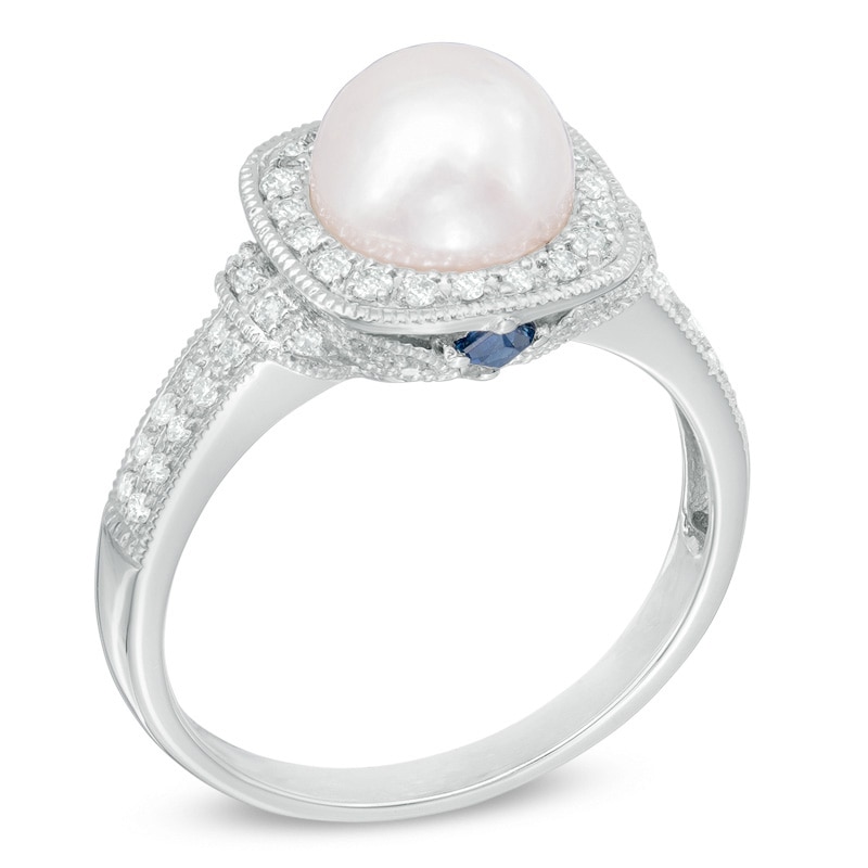 Main Image 2 of Vera Wang Love Collection Akoya Cultured Pearl and 1/5 CT. T.W. Diamond Frame Ring in 14K White Gold-Size 7