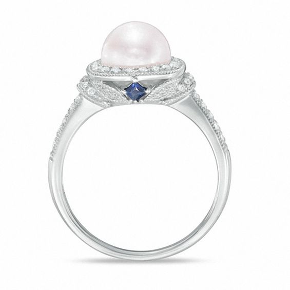 Vera Wang Love Collection Akoya Cultured Pearl and 1/5 CT. T.w. Diamond Frame Ring in 14K White Gold-Size 7