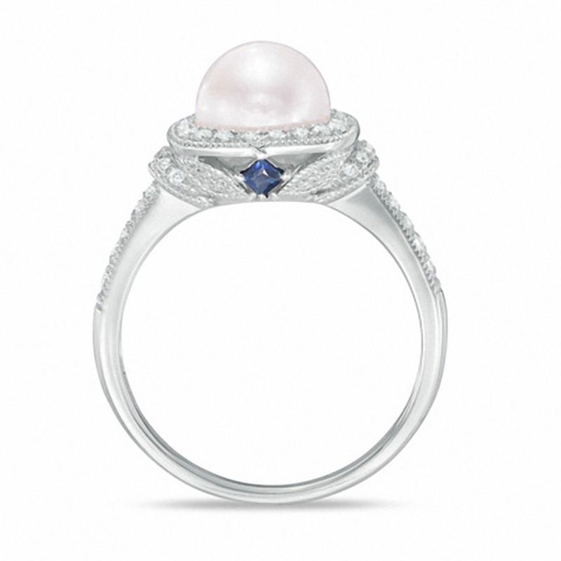 Main Image 3 of Vera Wang Love Collection Akoya Cultured Pearl and 1/5 CT. T.W. Diamond Frame Ring in 14K White Gold-Size 7