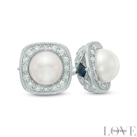 Vera Wang Love Collection Akoya Cultured Pearl and 1/4 CT. T.w. Diamond Frame Stud Earrings in 14K White Gold