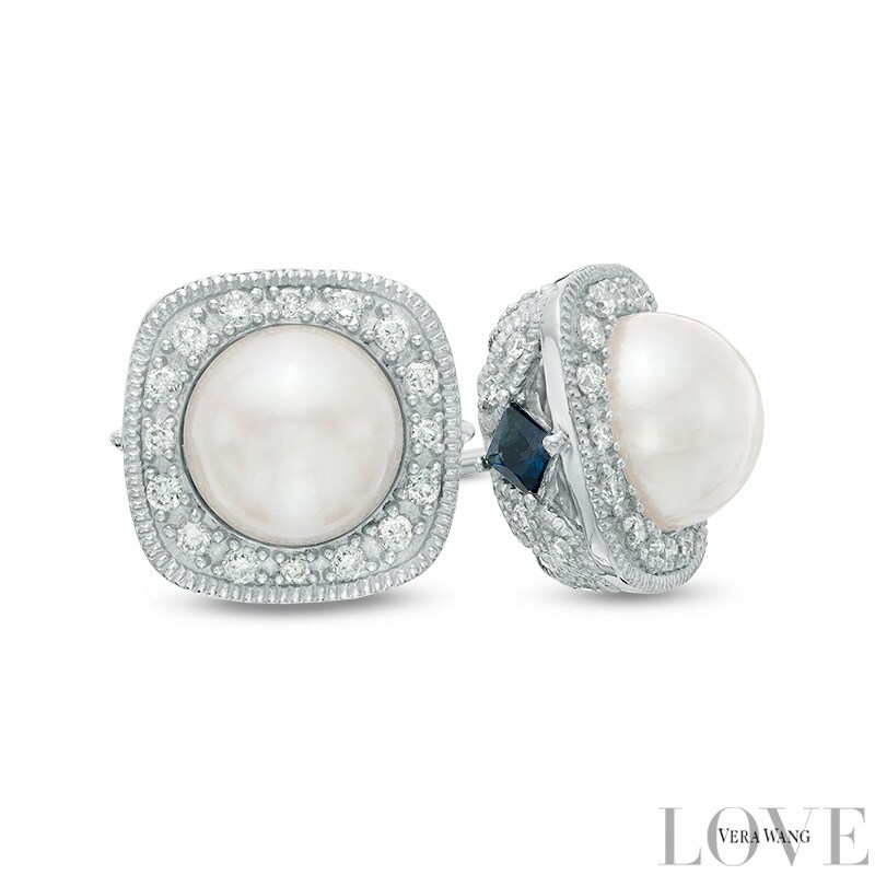 Main Image 1 of Vera Wang Love Collection Akoya Cultured Pearl and 1/4 CT. T.W. Diamond Frame Stud Earrings in 14K White Gold