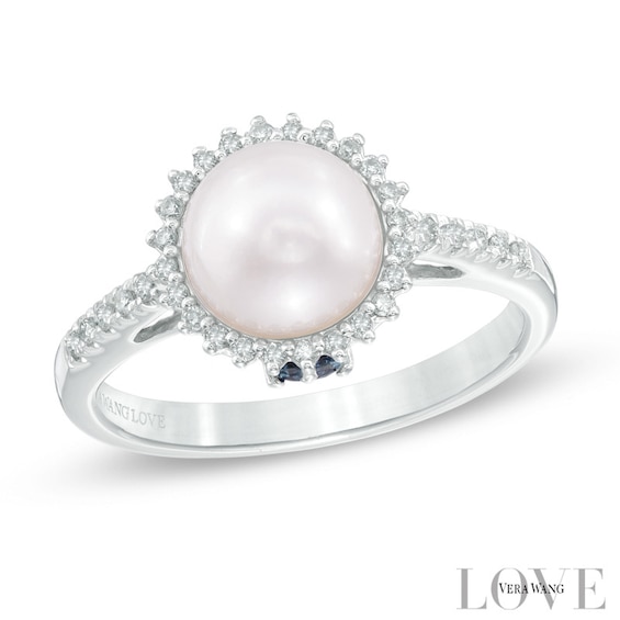 Vera Wang Love Collection Akoya Cultured Pearl and 1/8 CT. T.w. Diamond Frame Ring in 14K White Gold-Size 7