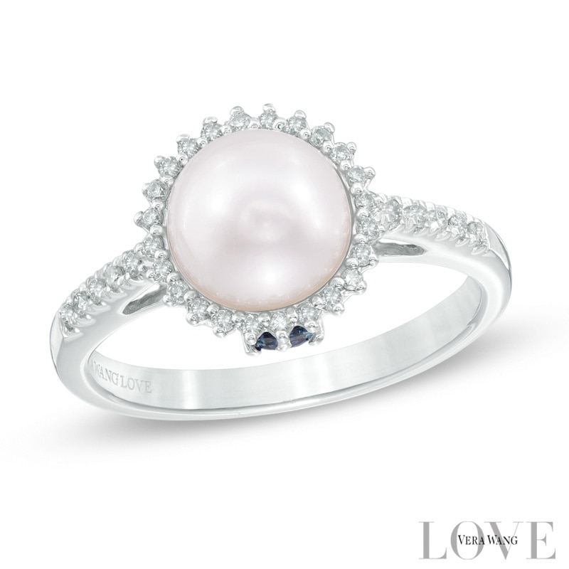 Vera Wang Love Collection Cultured Akoya Pearl and 1/8 CT. T.W. Diamond Frame Ring in 14K White Gold - Size 7