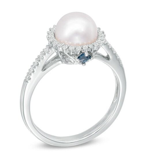 Vera Wang Love Collection Akoya Cultured Pearl and 1/8 CT. T.w. Diamond Frame Ring in 14K White Gold-Size 7