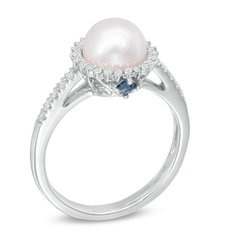 Vera Wang Love Collection Cultured Akoya Pearl and 1/8 CT. T.W. Diamond Frame Ring in 14K White Gold - Size 7