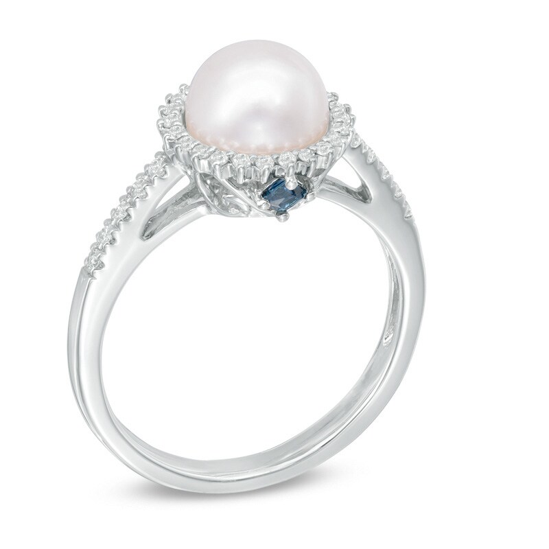 Main Image 2 of Vera Wang Love Collection Akoya Cultured Pearl and 1/8 CT. T.W. Diamond Frame Ring in 14K White Gold-Size 7