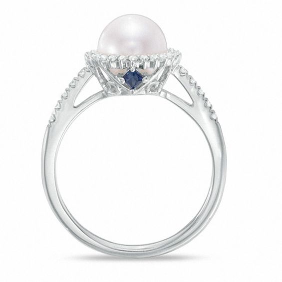 Vera Wang Love Collection Akoya Cultured Pearl and 1/8 CT. T.w. Diamond Frame Ring in 14K White Gold-Size 7