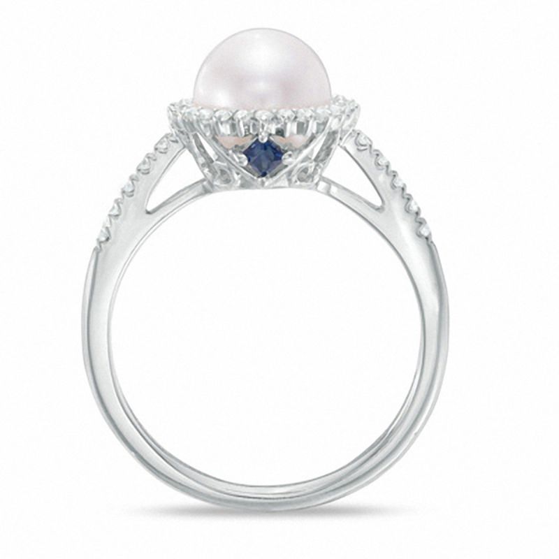 Vera Wang Love Collection Cultured Akoya Pearl and 1/8 CT. T.W. Diamond Frame Ring in 14K White Gold - Size 7