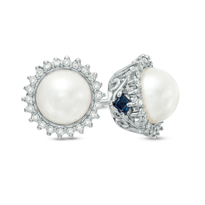 Main Image 1 of Vera Wang Love Collection Akoya Cultured Pearl and 1/8 CT. T.W. Diamond Frame Stud Earrings in 14K White Gold