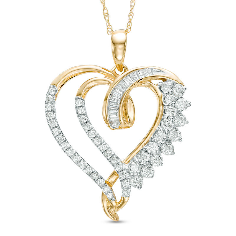 Main Image 1 of 1/2 CT. T.W. Baguette and Round Diamond Double Heart Swirl Pendant in 10K Gold