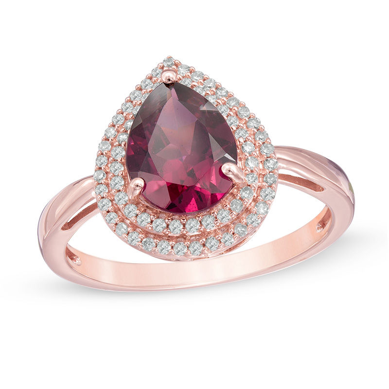 Main Image 1 of Pear-Shaped Rhodolite Garnet and 1/5 CT. T.W. Diamond Double Frame Ring in 10K Rose Gold