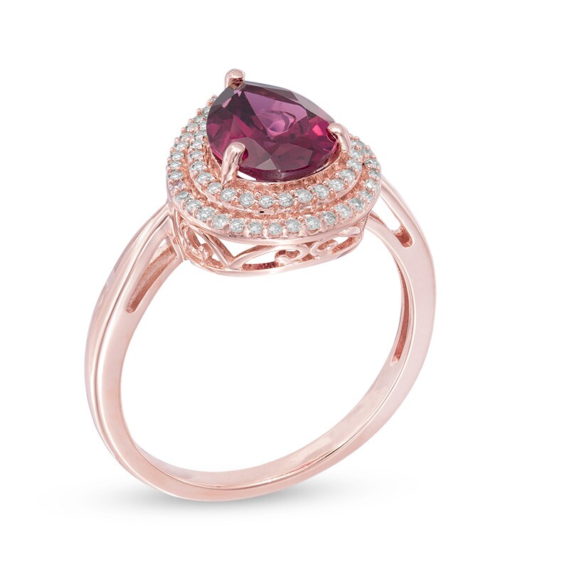 Main Image 2 of Pear-Shaped Rhodolite Garnet and 1/5 CT. T.W. Diamond Double Frame Ring in 10K Rose Gold