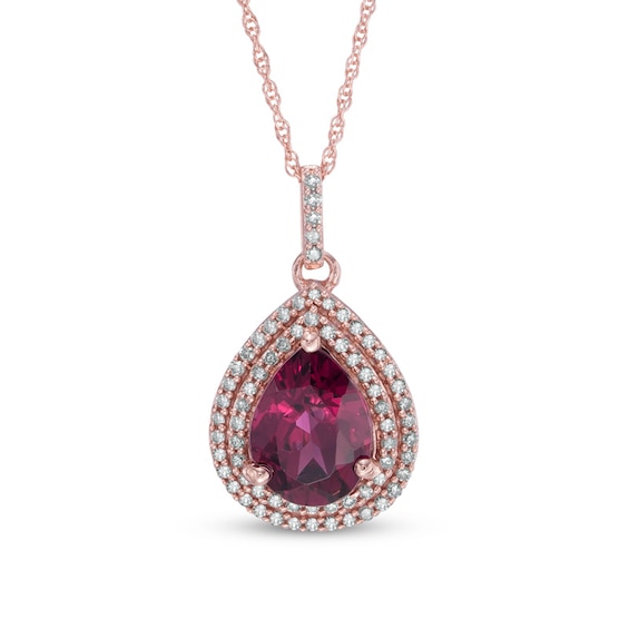 Pear-Shaped Rhodolite Garnet and 1/5 CT. T.w. Diamond Double Frame Pendant in 10K Rose Gold