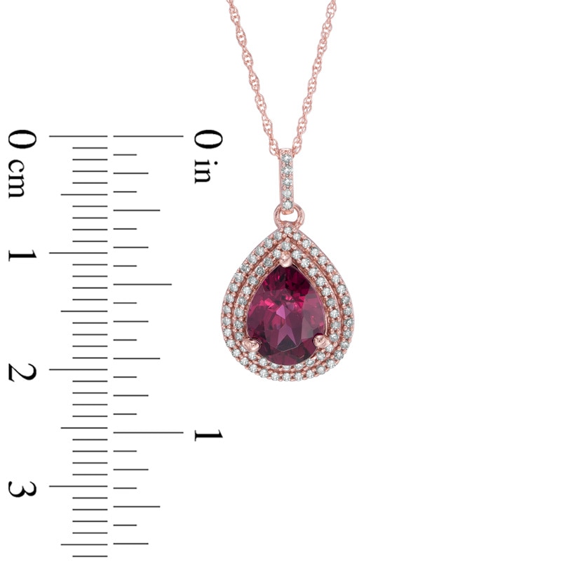 Main Image 2 of Pear-Shaped Rhodolite Garnet and 1/5 CT. T.W. Diamond Double Frame Pendant in 10K Rose Gold