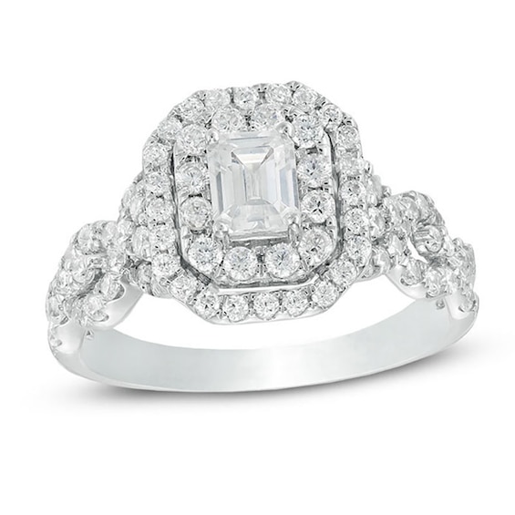 Celebration Ideal 1-1/2 CT. T.w. Emerald-Cut Certified Diamond Frame Engagement Ring in 14K White Gold (I/I1)