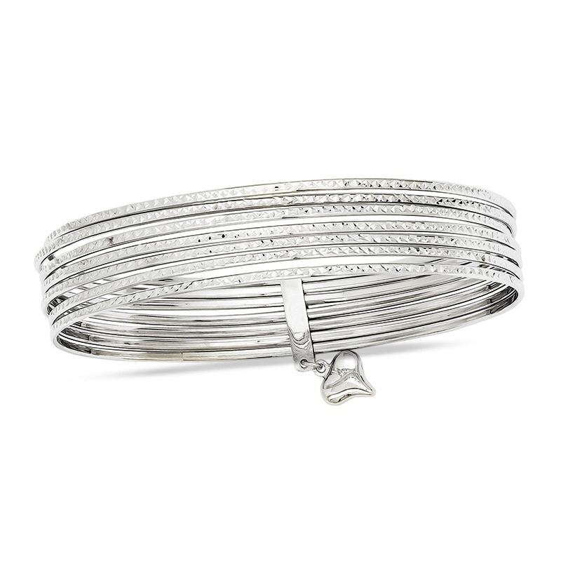 11.0mm Diamond-Cut Multi-Row Slip-On Bangle with Heart Charm in 14K White Gold - 8.0"