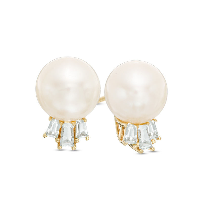 Main Image 1 of 9.0mm Freshwater Cultured Pearl and Baguette Lab-Created White Sapphire Stud Earrings in 10K Gold