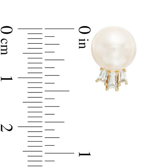 9.0mm Freshwater Cultured Pearl and Baguette Lab-Created White Sapphire Stud Earrings in 10K Gold
