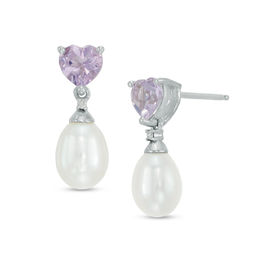 Pearl Earrings Zales Oval Cultured Freshwater Pearl Heart Shaped Amethyst And Diamond Accent Drop Earrings In Sterling