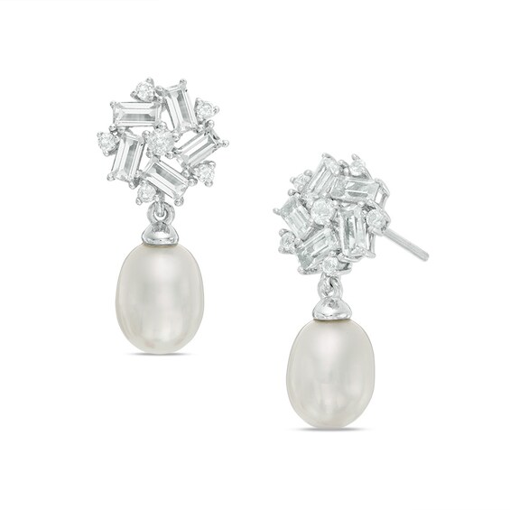 Oval Freshwater Cultured Pearl and White Topaz Cluster Drop Earrings in Sterling Silver