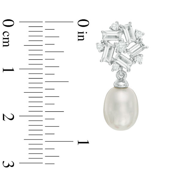 Oval Freshwater Cultured Pearl and White Topaz Cluster Drop Earrings in Sterling Silver