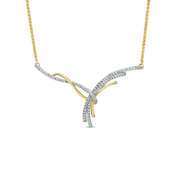 1/4 CT. T.w. Diamond Crossover Ribbon Curved Bar Necklace in 10K Gold - 15.25"