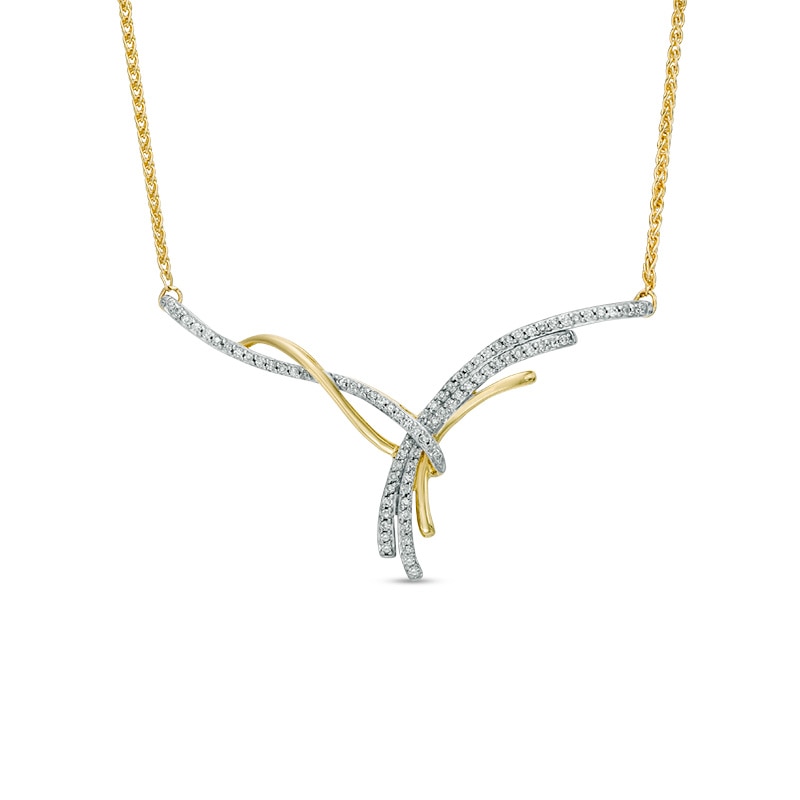 Main Image 1 of 1/4 CT. T.W. Diamond Crossover Ribbon Curved Bar Necklace in 10K Gold - 15.25"