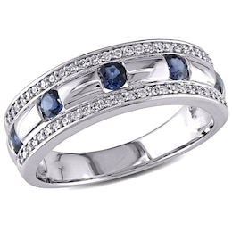 Men's Blue Sapphire and 1/4 CT. T.W. Diamond Triple Row Wedding Band in 10K White Gold