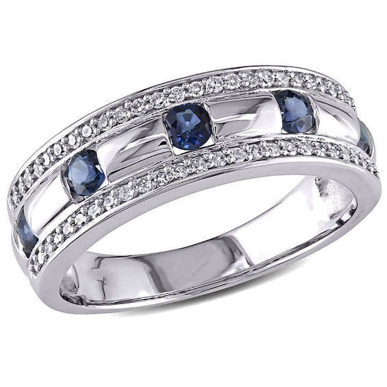 Men's Blue Sapphire and 1/4 CT. T.w. Diamond Triple Row Wedding Band in 10K White Gold