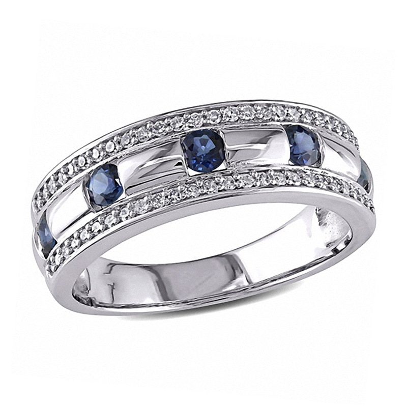 Men's Blue Sapphire and 1/4 CT. T.W. Diamond Triple Row Wedding Band in 10K White Gold