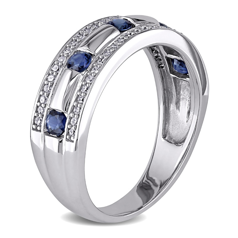 Men's Blue Sapphire and 1/4 CT. T.W. Diamond Triple Row Wedding Band in 10K White Gold