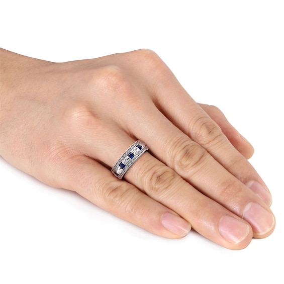 Blue Sapphire and 1/4 CT. T.w. Diamond Triple Row Wedding Band in 10K White Gold