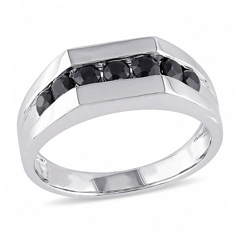 Men's Enhanced Black Sapphire Seven Stone Channel Band in Sterling Silver