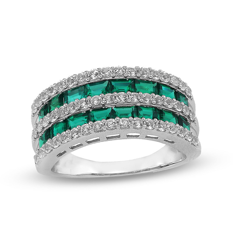 Baguette Lab-Created Emerald and White Sapphire Double Row Band in Sterling Silver