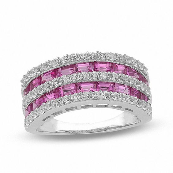 Baguette Lab-Created Pink and White Sapphire Double Row Ring in Sterling Silver