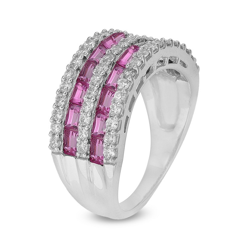 Baguette Lab-Created Pink and White Sapphire Double Row Ring in Sterling Silver