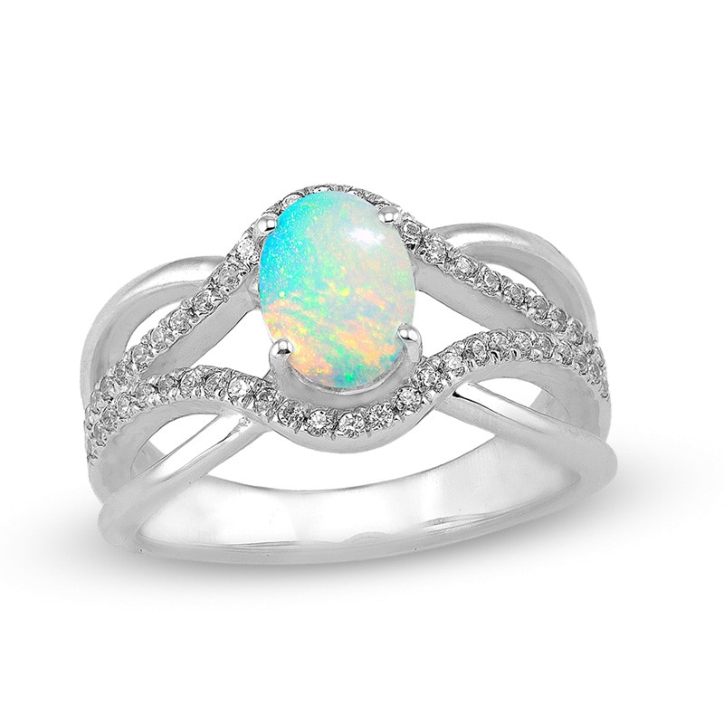 Oval Lab-Created Opal and White Sapphire Split Shank Ring in Sterling Silver