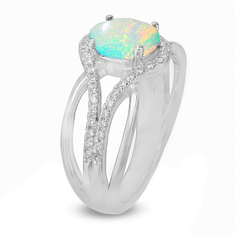 Oval Lab-Created Opal and White Sapphire Split Shank Ring in Sterling Silver