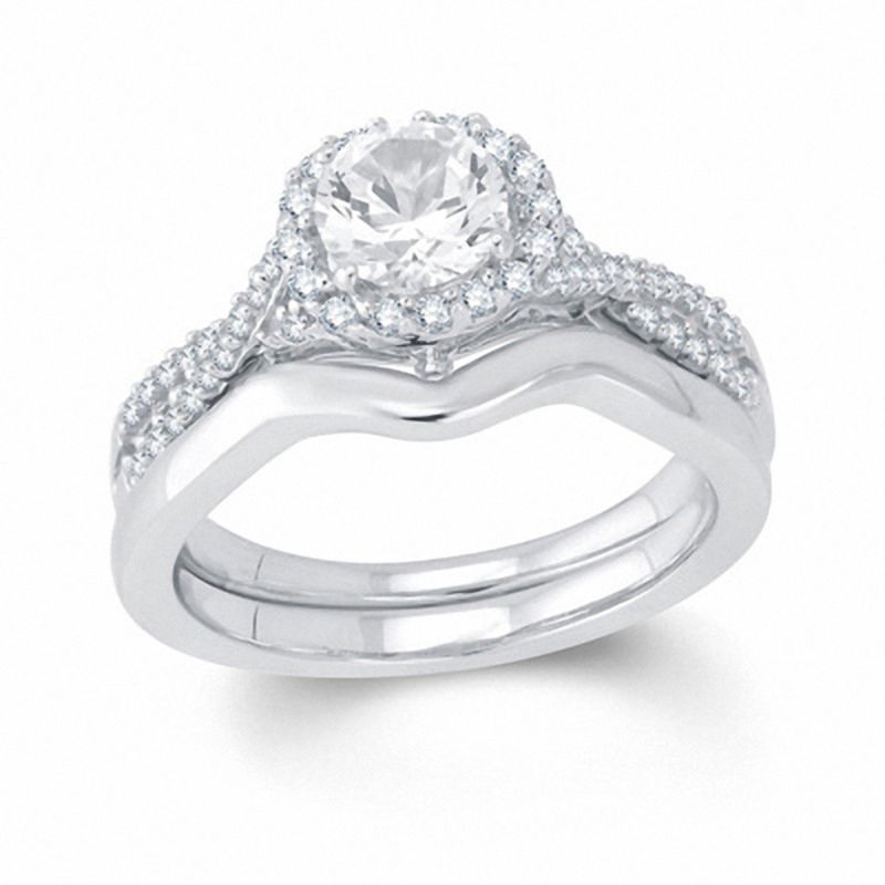 Main Image 1 of 6.0mm Lab-Created White Sapphire Frame Bridal Set in Sterling Silver