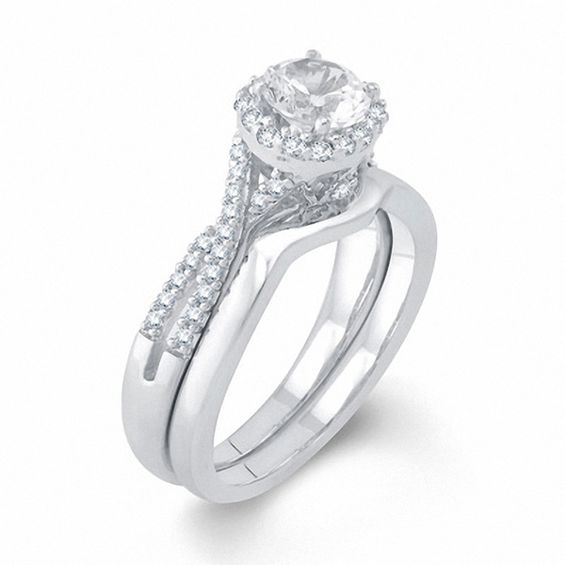 6.0mm Lab-Created White Sapphire Frame Bridal Set Sterling Silver