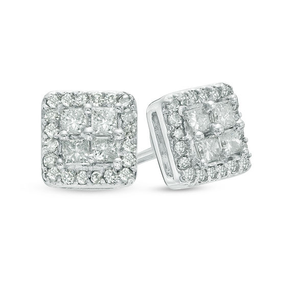 1 2 Ct T W Princess Cut Diamond Solitaire Stud Earrings In 14k T W Quad Princess Cut Diamond Frame Stud Earrings In 10k