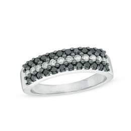 3/4 CT. T.W. Enhanced Black and White Diamond Three Row Anniversary Band in 10K White Gold