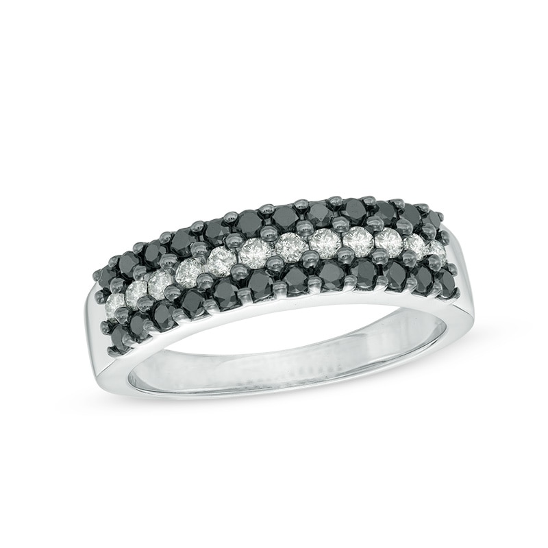 Main Image 1 of 3/4 CT. T.W. Enhanced Black and White Diamond Three Row Anniversary Band in 10K White Gold