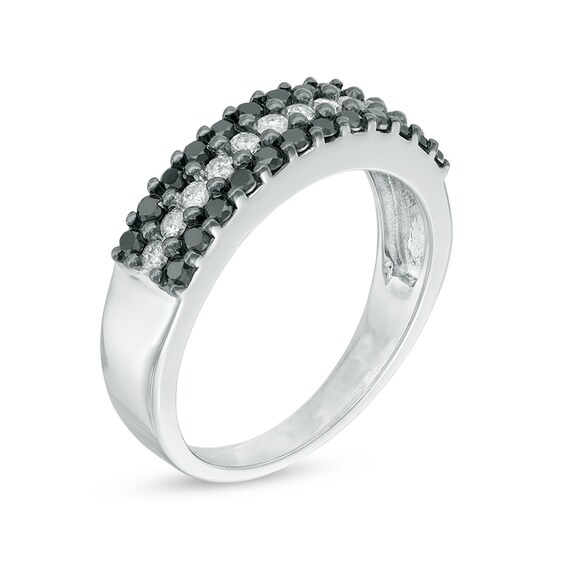 3/4 CT. T.w. Enhanced Black and White Diamond Three Row Anniversary Band in 10K White Gold