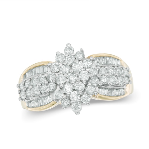 1 CT. T.w. Round and Baguette-Cut Multi-Diamond Engagement Ring in 14K Gold