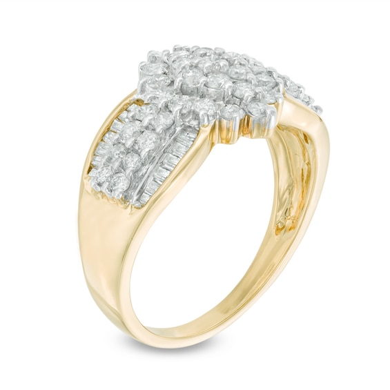 1 CT. T.w. Round and Baguette-Cut Multi-Diamond Engagement Ring in 14K Gold