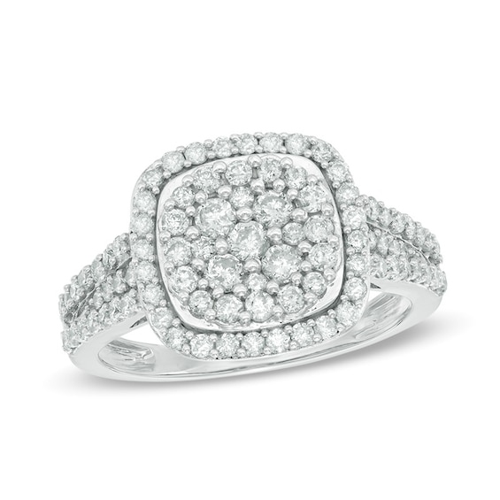 1 CT. T.w. Multi-Diamond Cushion Frame Engagement Ring in 14K White Gold